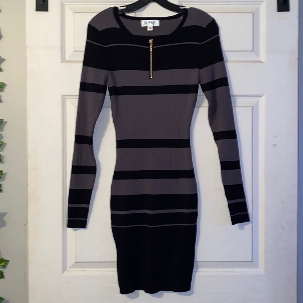 Say What?- BLACK AND GRAY BODYCON DRESS WITH SLEEVED